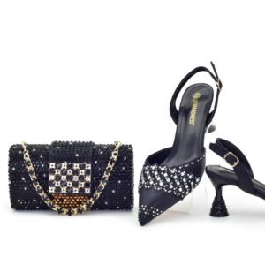 Luxury Italian Shoes And Bag Rhinestones High Heels 1 Set Fashion Shoes Bridal Party Black