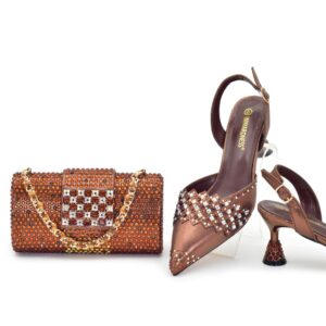 Luxury Italian Shoes And Bag Rhinestones High Heels 1 Set Fashion Shoes Bridal Party Coffee