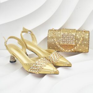 Luxury Italian Shoes And Bag Rhinestones High Heels 1 Set Fashion Shoes Bridal Party Gold