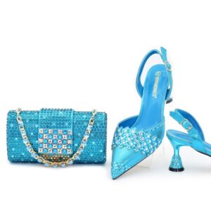 Luxury Italian Shoes And Bag Rhinestones High Heels 1 Set Fashion Shoes Bridal Party Sky Blue